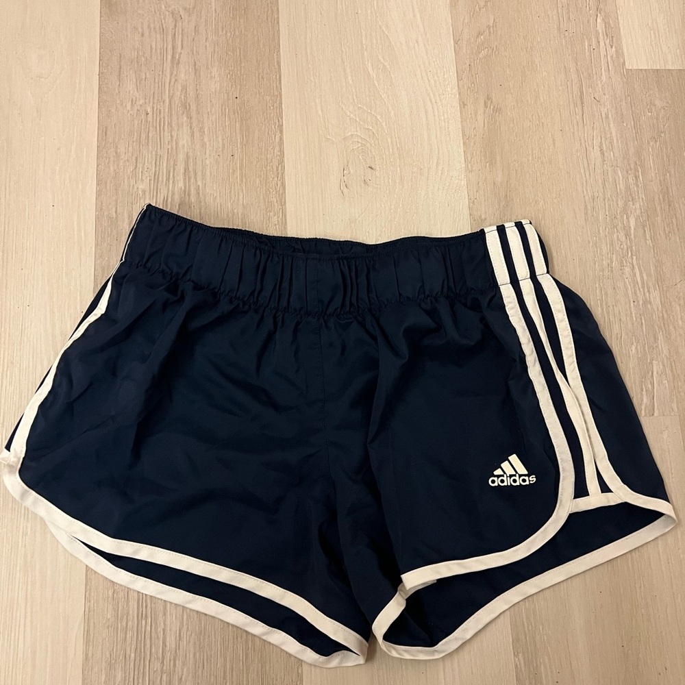 Adidas Blue and White Athletic Shorts with Signature Stripes